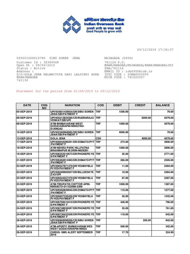 IOB UPI Transaction Statement 2019 | PDF | Debits And Credits | Money