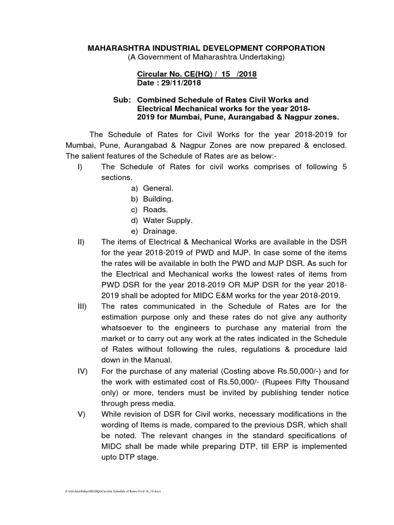 Combined Schedule of Rates Civil Works and Electrical Mechanical Works
