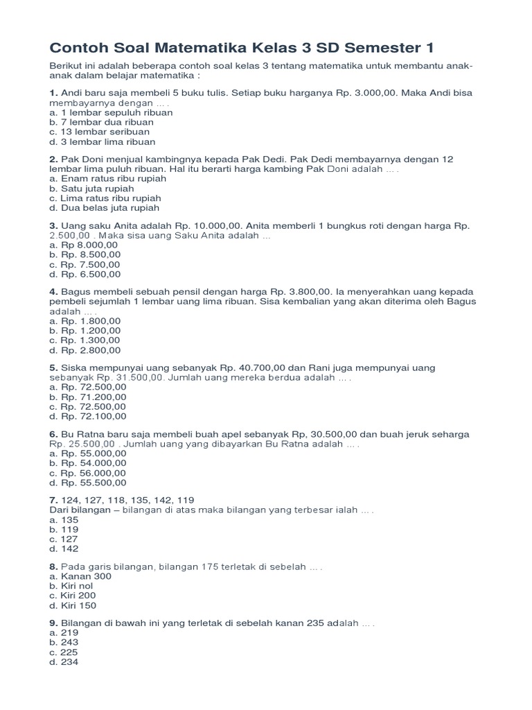 Soal Matematika Kelas 3 Semester 1 | PDF | Metode & Bahan Ajar | Griya ...