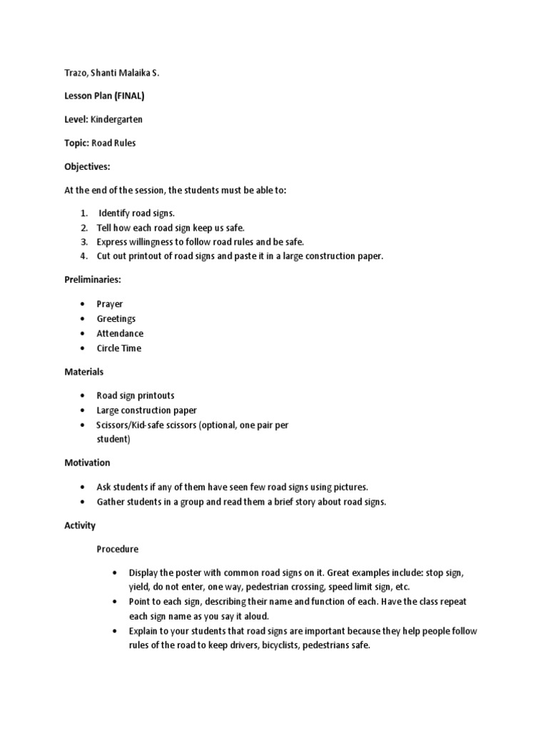 Lesson Plan | PDF | Road | Behavior Modification