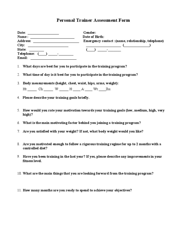 Personal Trainer Assessment Form