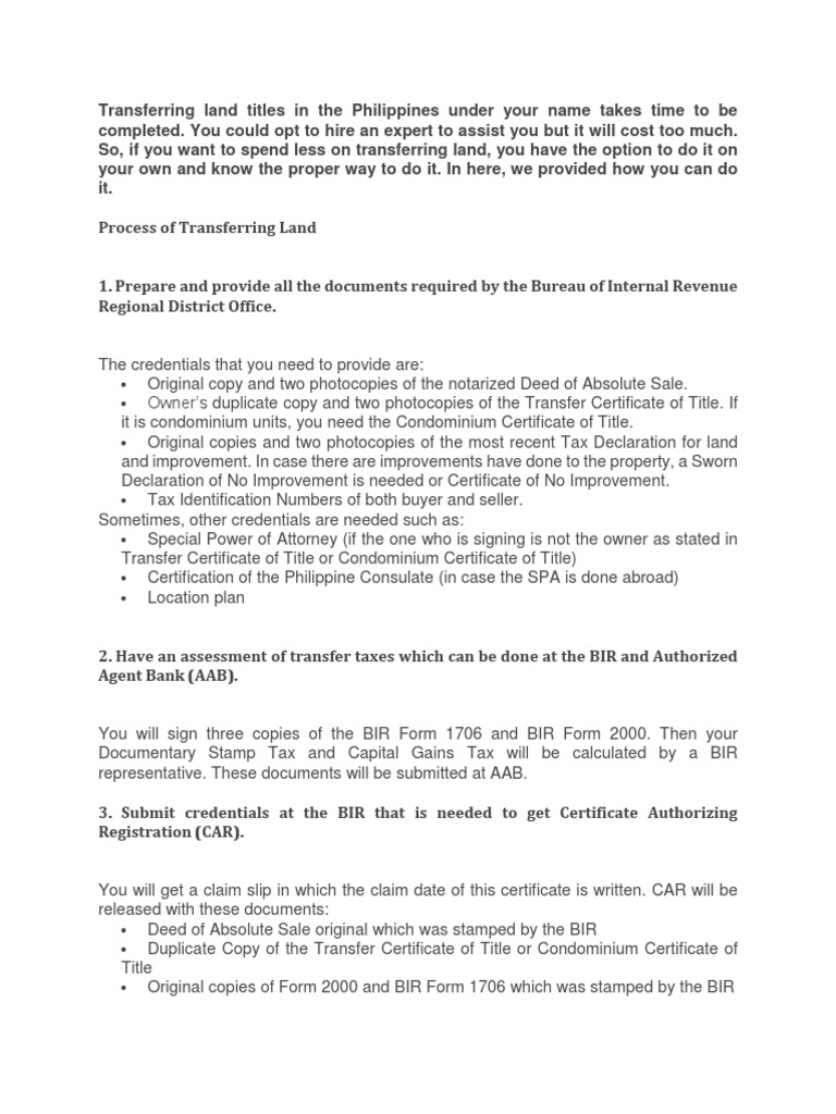 Transferring Land Titles in The Philippines PDF Real Property
