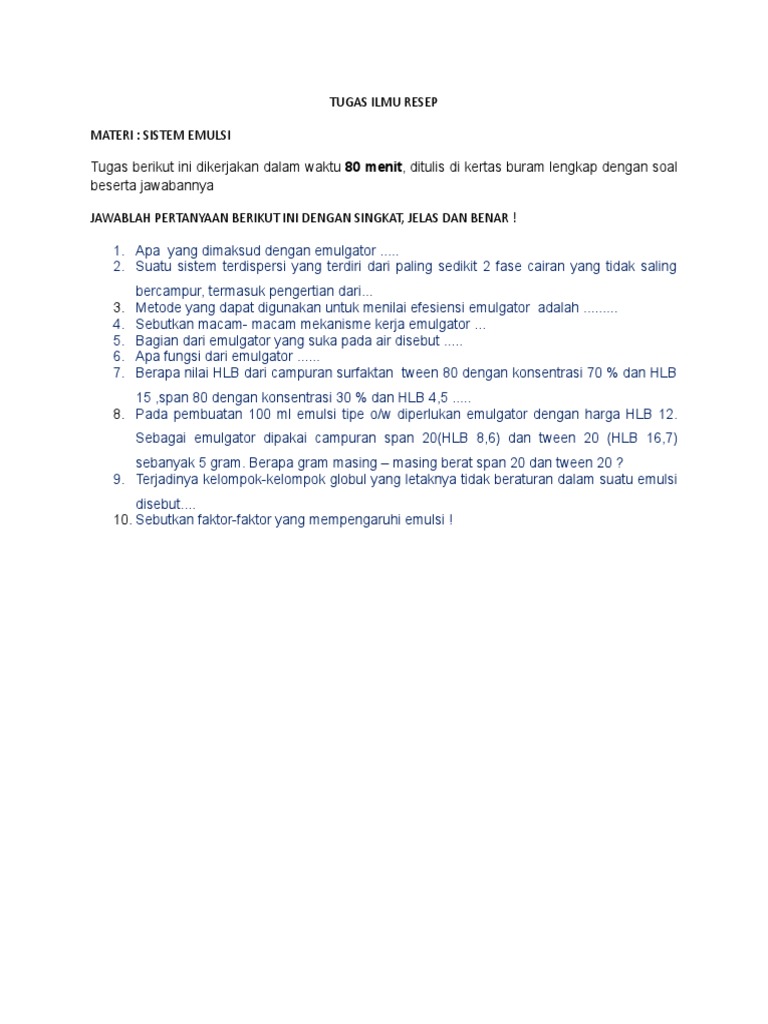 Soal Ilmu Resep Materi Emulsi