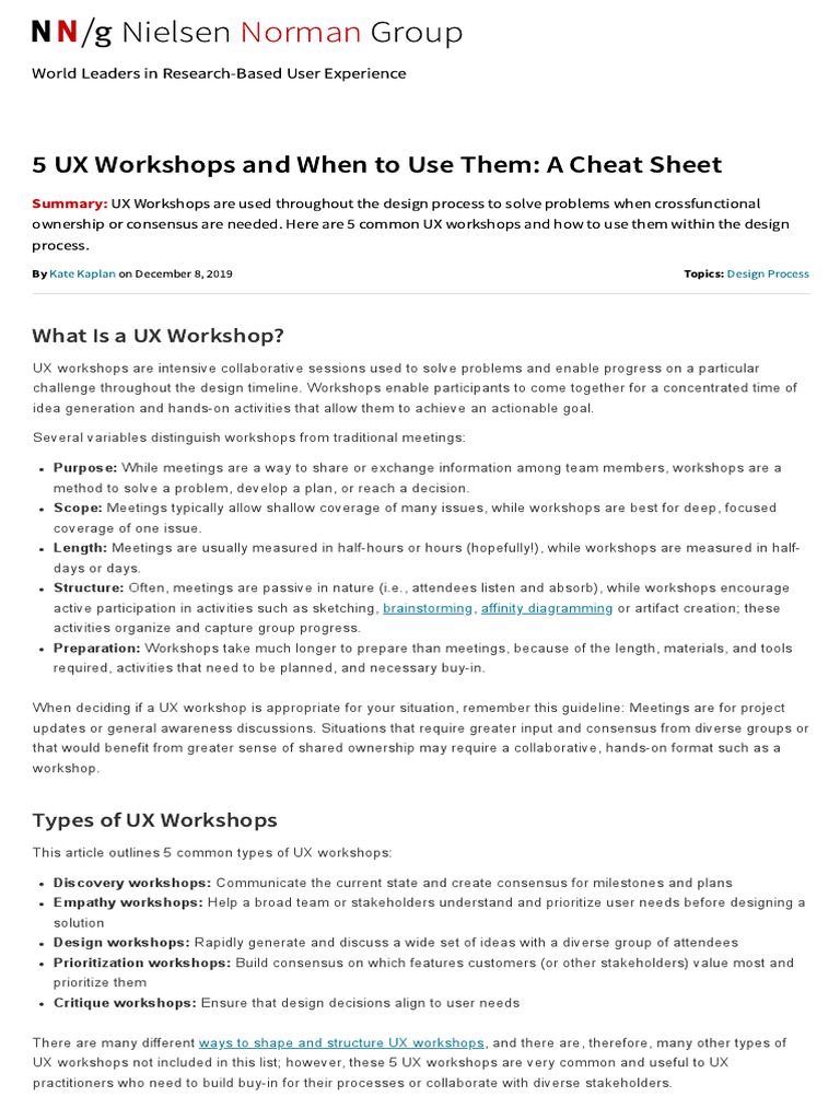 5 UX Workshops Cheat Sheet | PDF | Consensus Decision Making ...