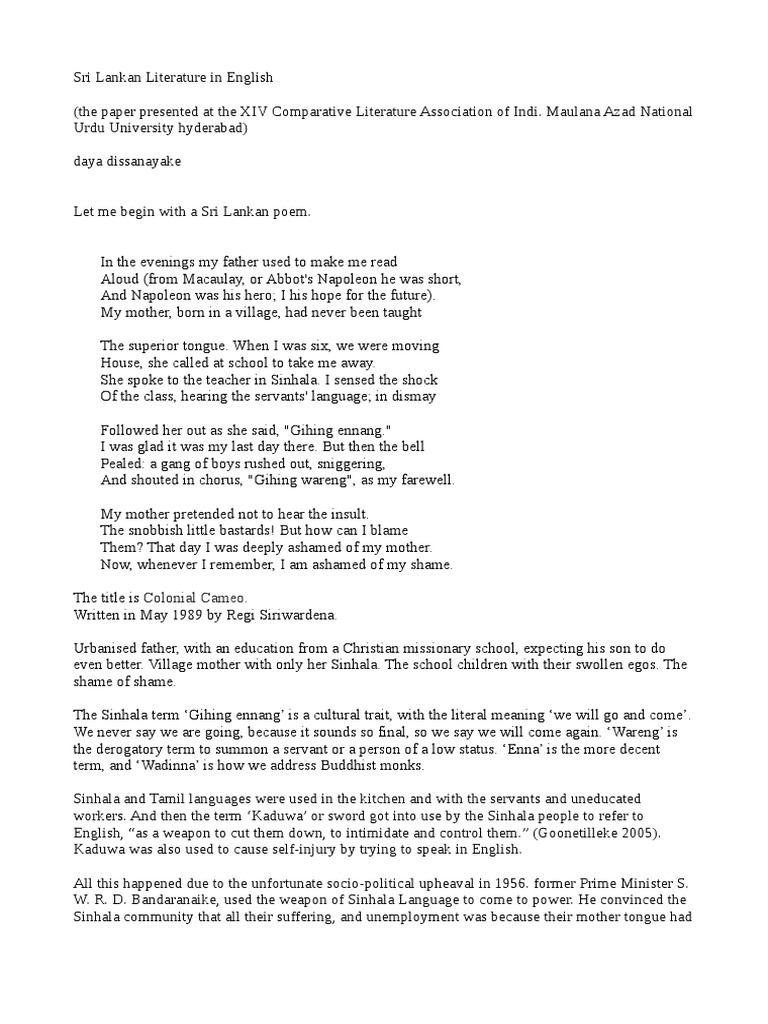 Sri Lanka English Literature Hyderabad D Dalit Sri Lanka