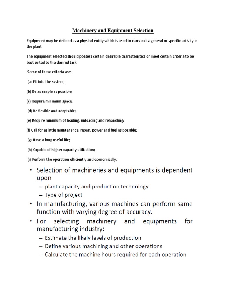 Machinery and Equipment Selection Criteria | PDF | Output (Economics ...