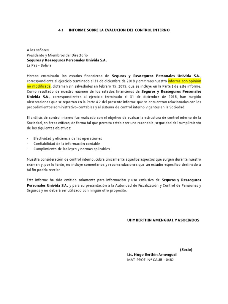 Informe de Control Interno Univida S.A. | PDF | Seguro | Contabilidad