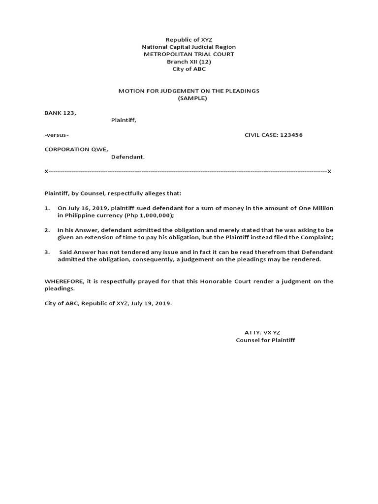 Sample Motion for Judgment on Pleadings | PDF | Pleading | Lawsuit