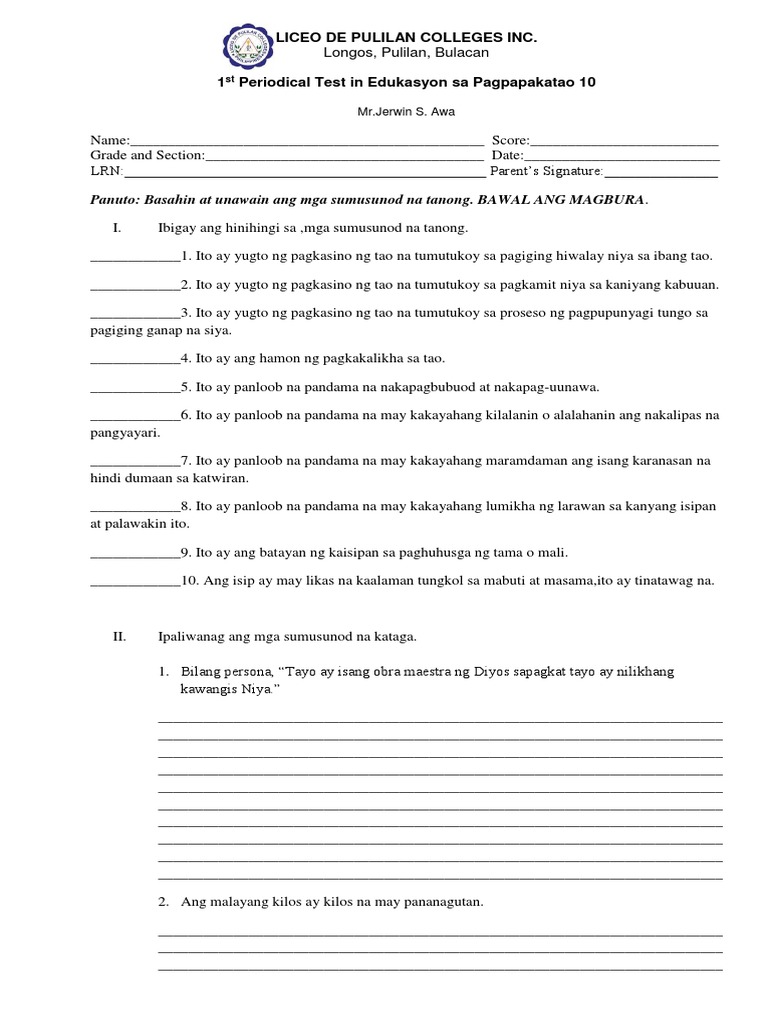 1st Periodical Test ESP 10 | PDF