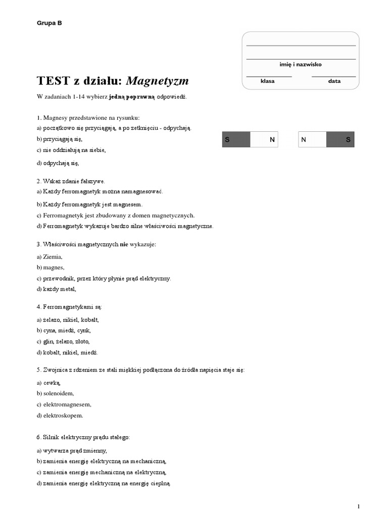 O Zjawiskach Magnetycznych Sprawdzian Klasa 8