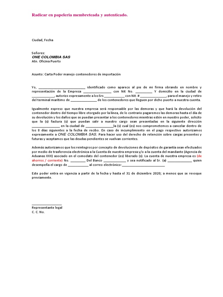 Carta Poder para Manejo de Contenedores | PDF | Finanzas y dinero