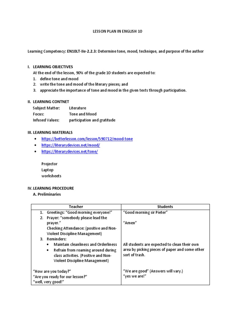 Tone and Mood Lesson Plan for Grade 10 | PDF | Lesson Plan | Mood ...