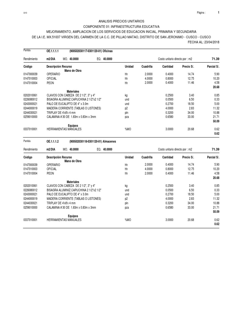 Análisis de Precios Unitarios Educativos | PDF