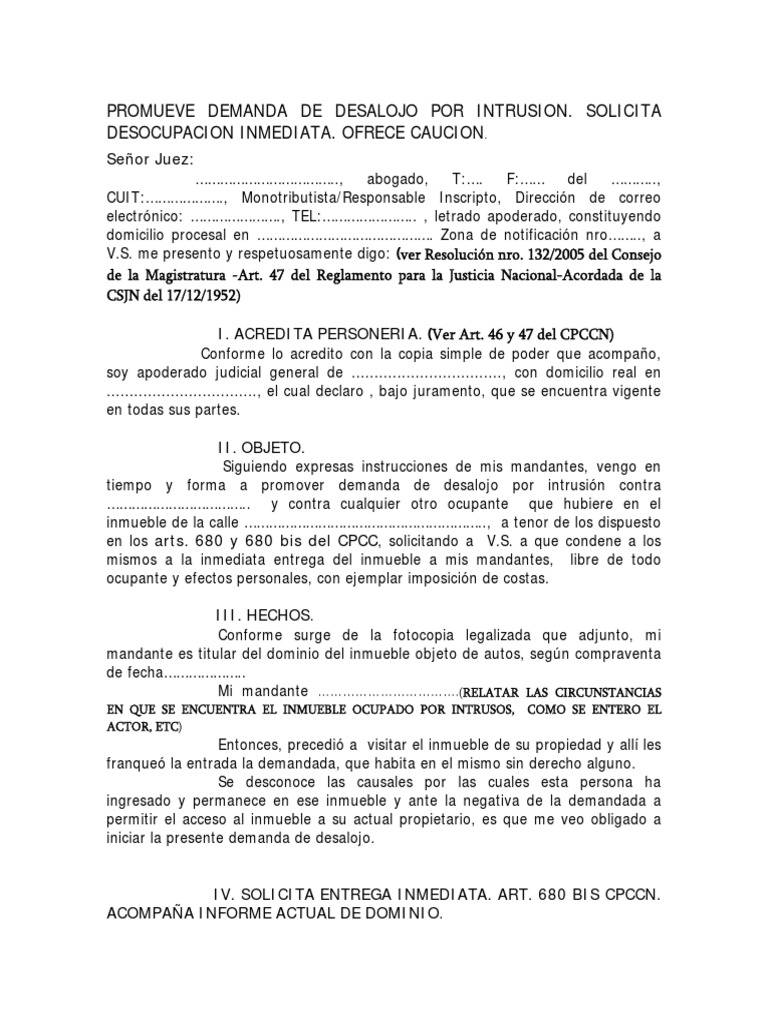Demanda de Desalojo Por Intrusion - Con Poder General - Poderdante ...