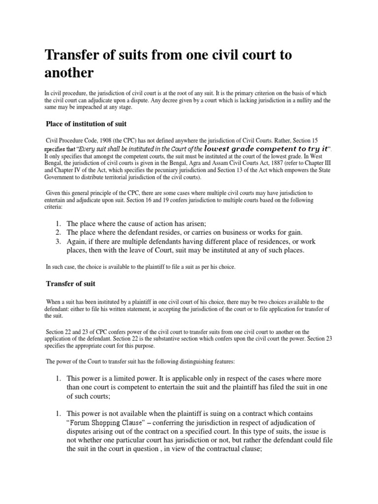 Procedures and Considerations for Transferring Civil Suits from One ...