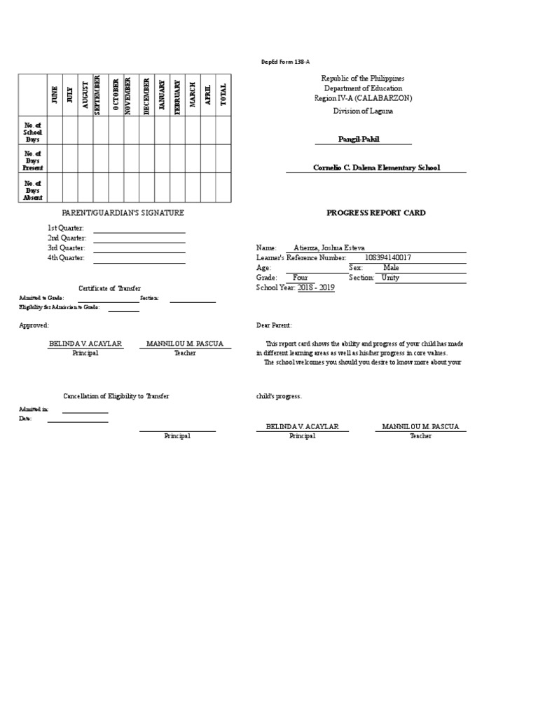 Report Card-Intermediate Form 138 - A GRADE 4 - 6 | PDF | Educational ...