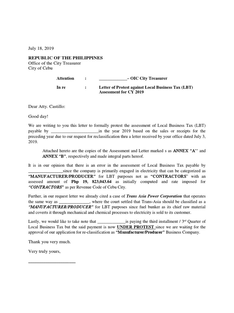 Business Tax Protest Letter Sample  PDF