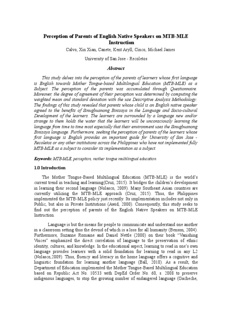 Parents' Views on MTB-MLE for English Learners | PDF | Second Language ...