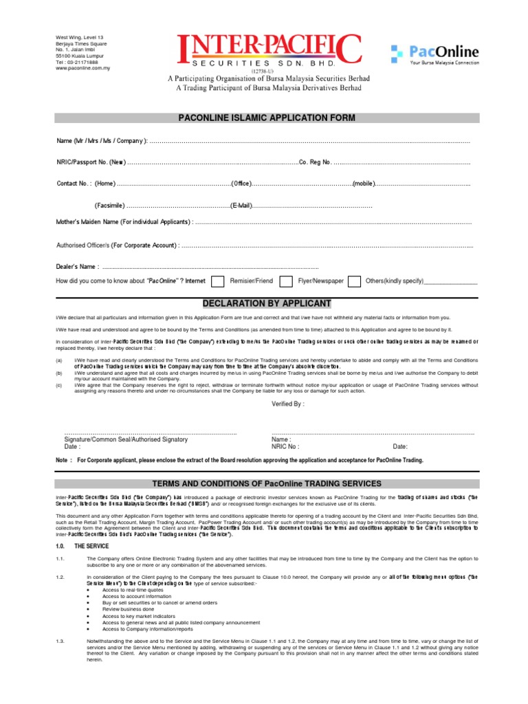 Paconline Islamic Account Opening Form 2019 Pdf Indemnity Contractual Term
