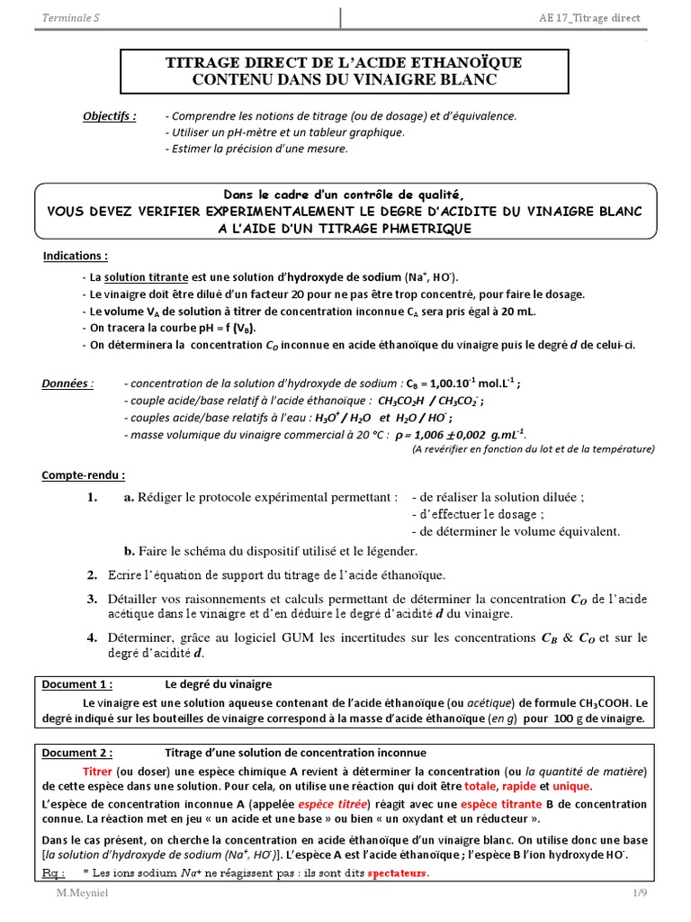 Ae 17bis Titrage Direct Avec Correction Pdf Titrage Chimie