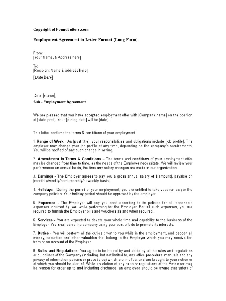 Sample Employment Agreement in Letter Format Long Form Letter in 