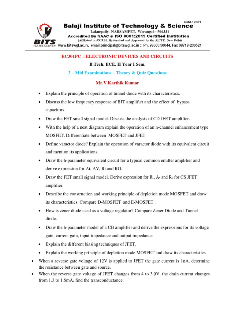 II BTECH I SEM ECE EDC THEORY & QUIZ QUESTIONS MID 2