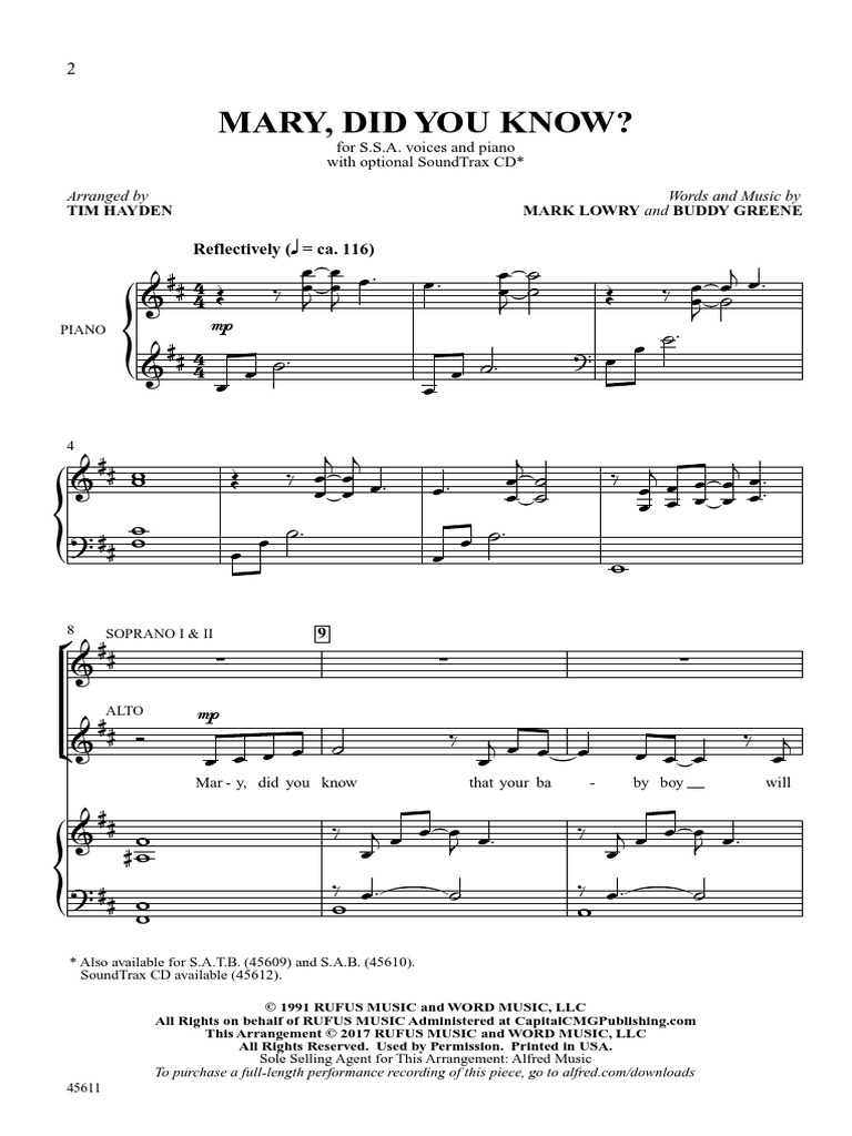 Mary, Did You Know - Arr. Tim Hayden (SSA) | PDF | Musical Notation | Musical Compositions for Mary Did You Know Sheet Music Free Printable