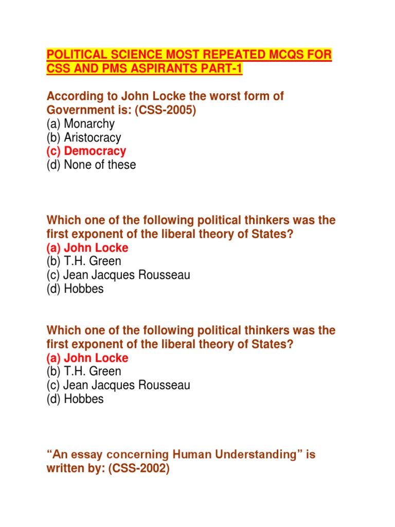 Political Science MCQs for CSS Aspirants | PDF | John Locke | Political ...