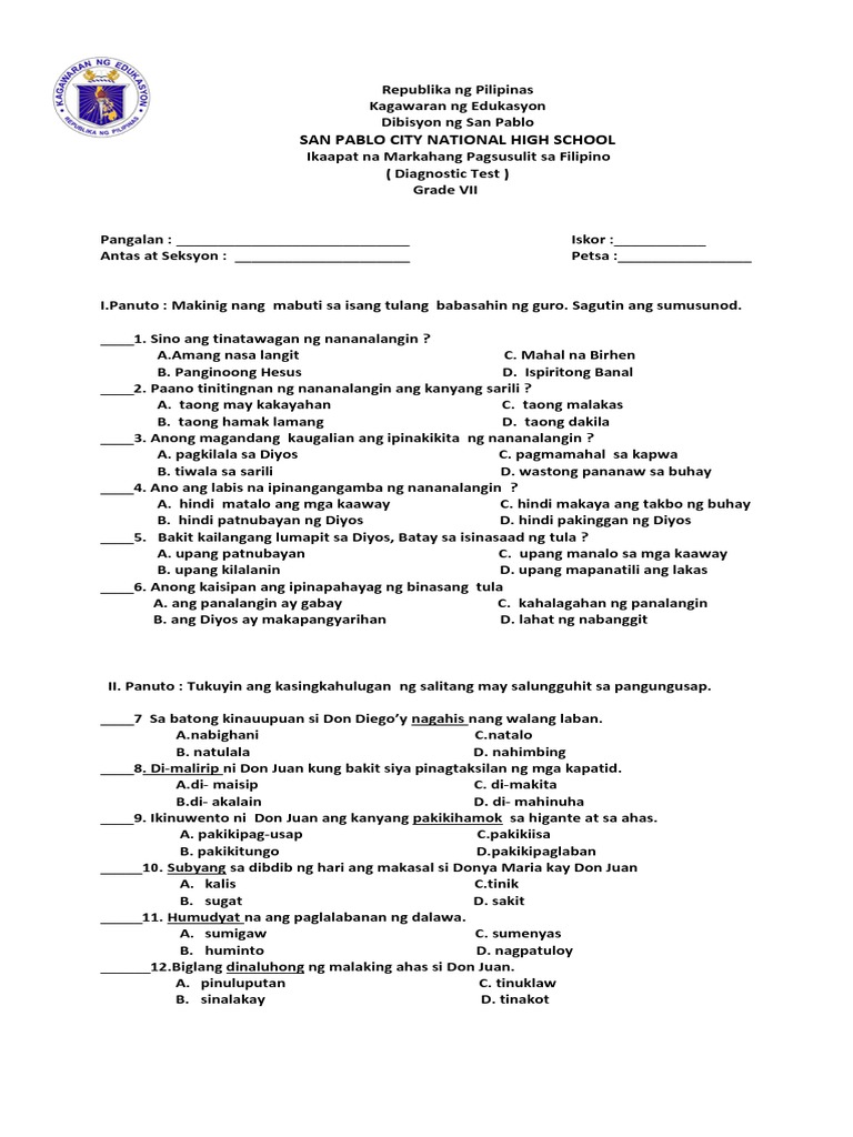 Ikaapat Na Markahang Pagsusulit Sa Grade 7 | PDF