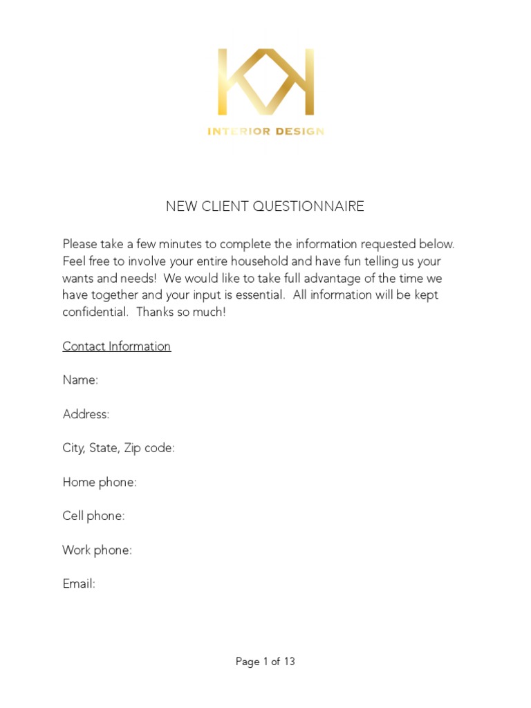 New Client Interior Design Questionnaire | PDF | Carpet | Art Media