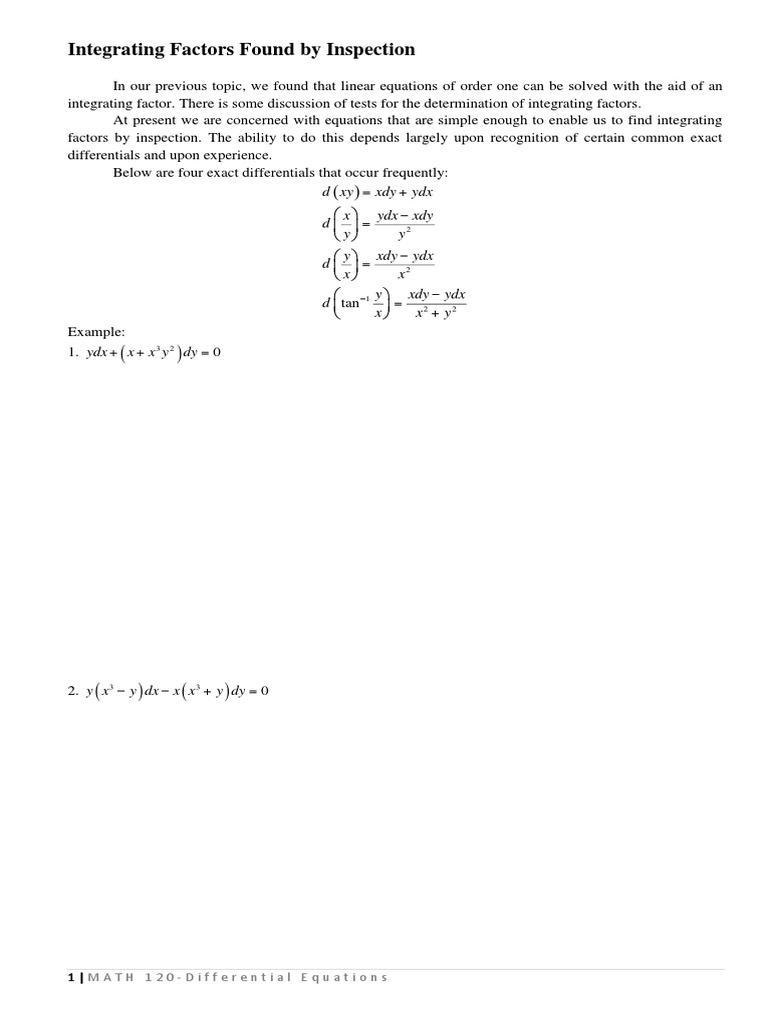 Handout 6 Integrating Factors Found by Inspection | PDF | Algebra ...