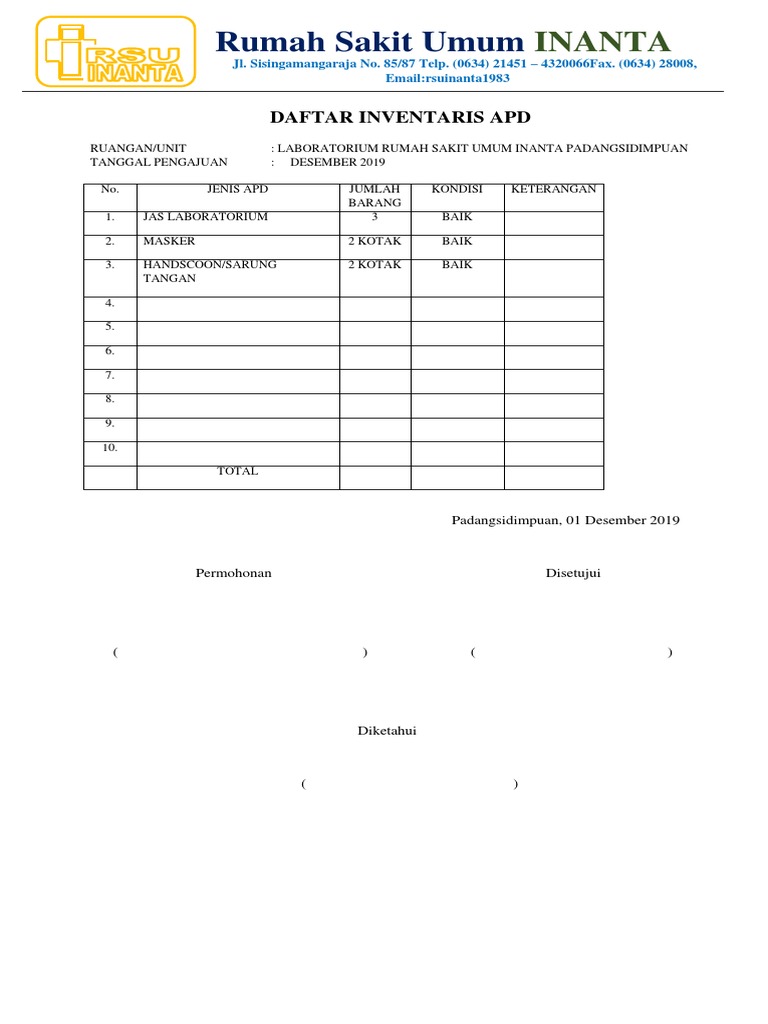 Daftar Inventaris APD RSU Inanta | PDF