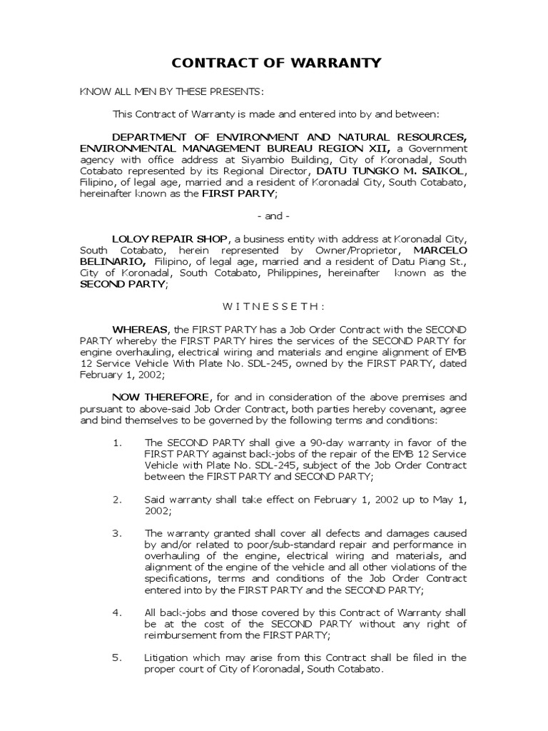 Contract of Warranty PDF Business Law Civil Law (Legal System)