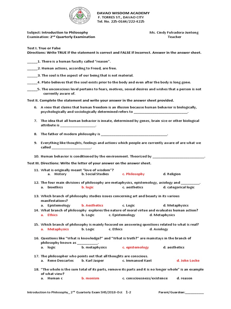 Grade 12 Philosophy 2nd Quarter Exam | PDF | Reason | Thought