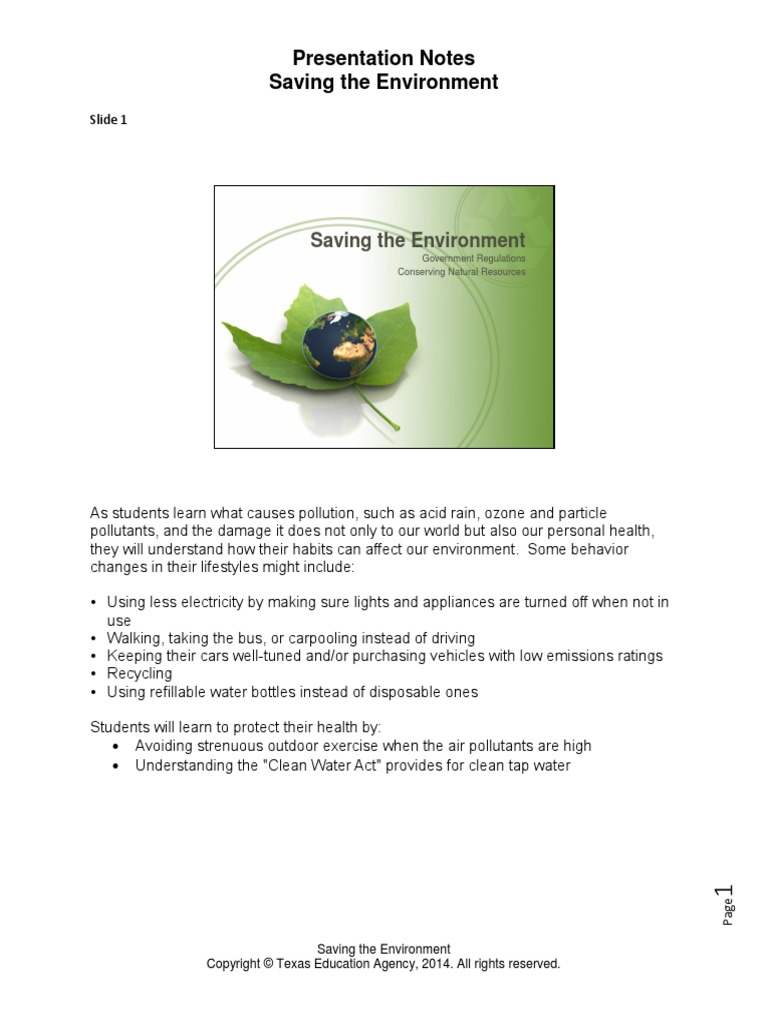 Presentation Notes For Saving The Environment | PDF | Recycling | Pesticide
