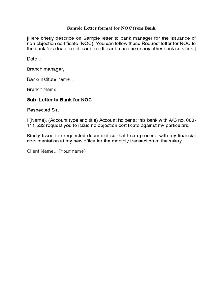 Sample Letter Format For NOC From Bank  PDF
