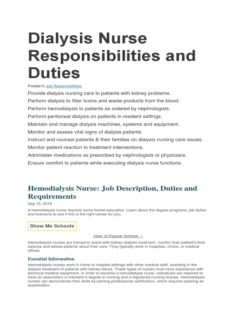 Dialysis Nurse Responsibilities And Duties | Pdf | Dialysis | Nursing