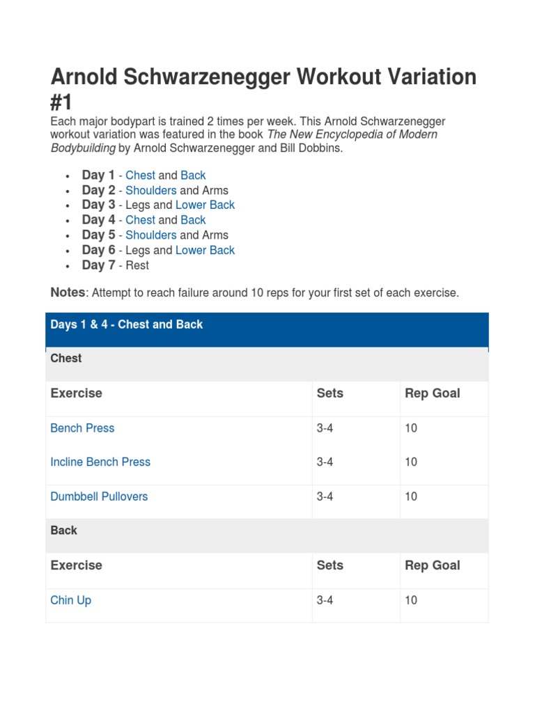 Arnold Schwarzenegger Workout Variation | PDF | Individual Sports ...