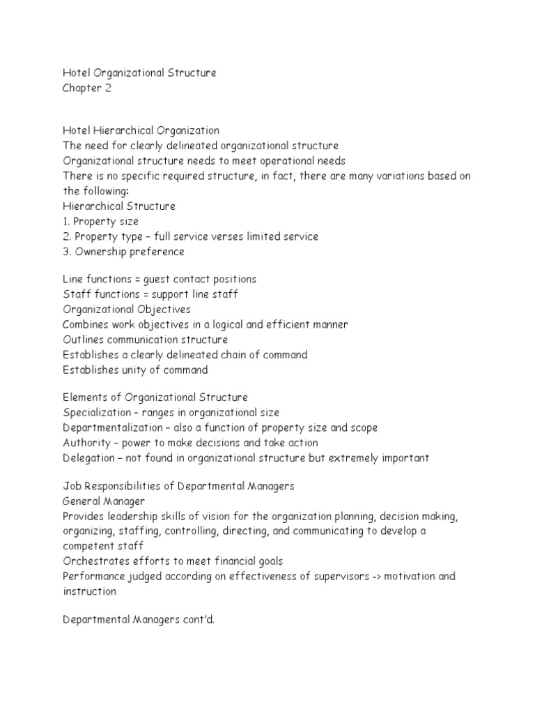 Hotel Organizational Structure Overview | PDF | Organizational ...
