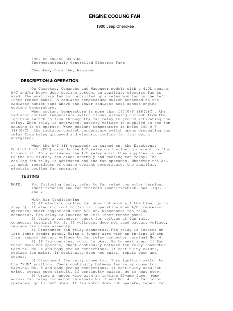 Engine Cooling Fan 1988 Jeep Cherokee PDF Relay Radiator