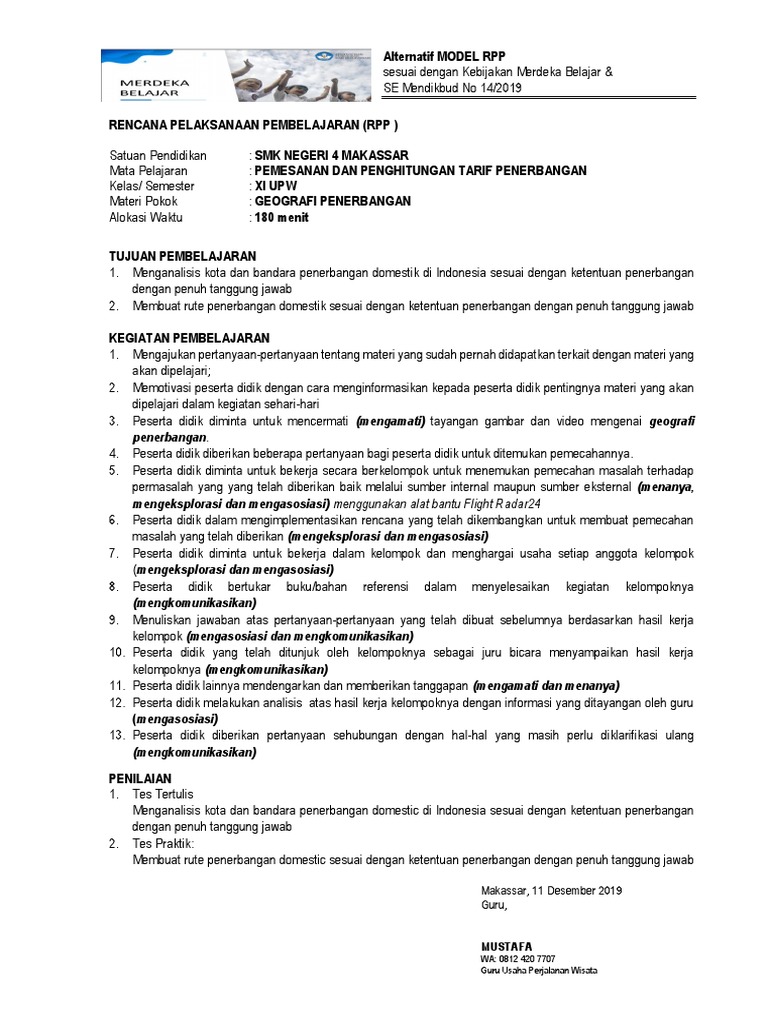 Model Rpp Kebijakan Merdeka Belajar Dan Se Mendikbud 14 2019 Pdf