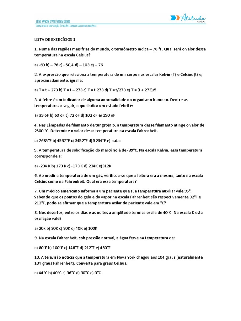 Lista de exercícios de conversão de temperatura | PDF