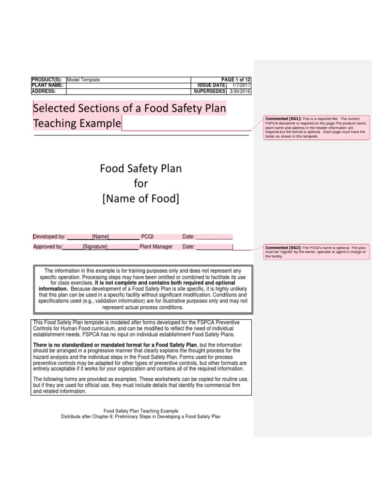 Food Safety Plan Template Example | PDF | Food Allergy | Food Safety
