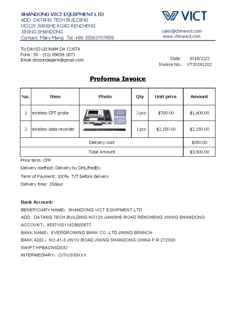 Proforma Invoice from Shandong Vict Equipment | PDF