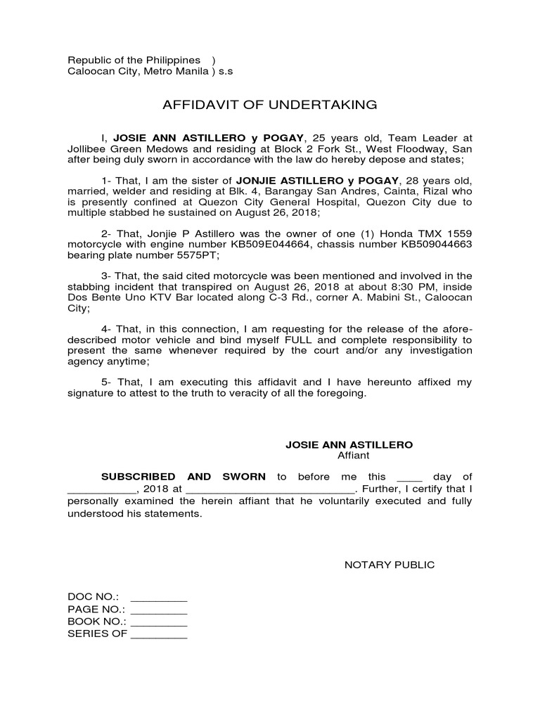 AFFIDAVIT OF UNDERTAKING Motorcycle | PDF