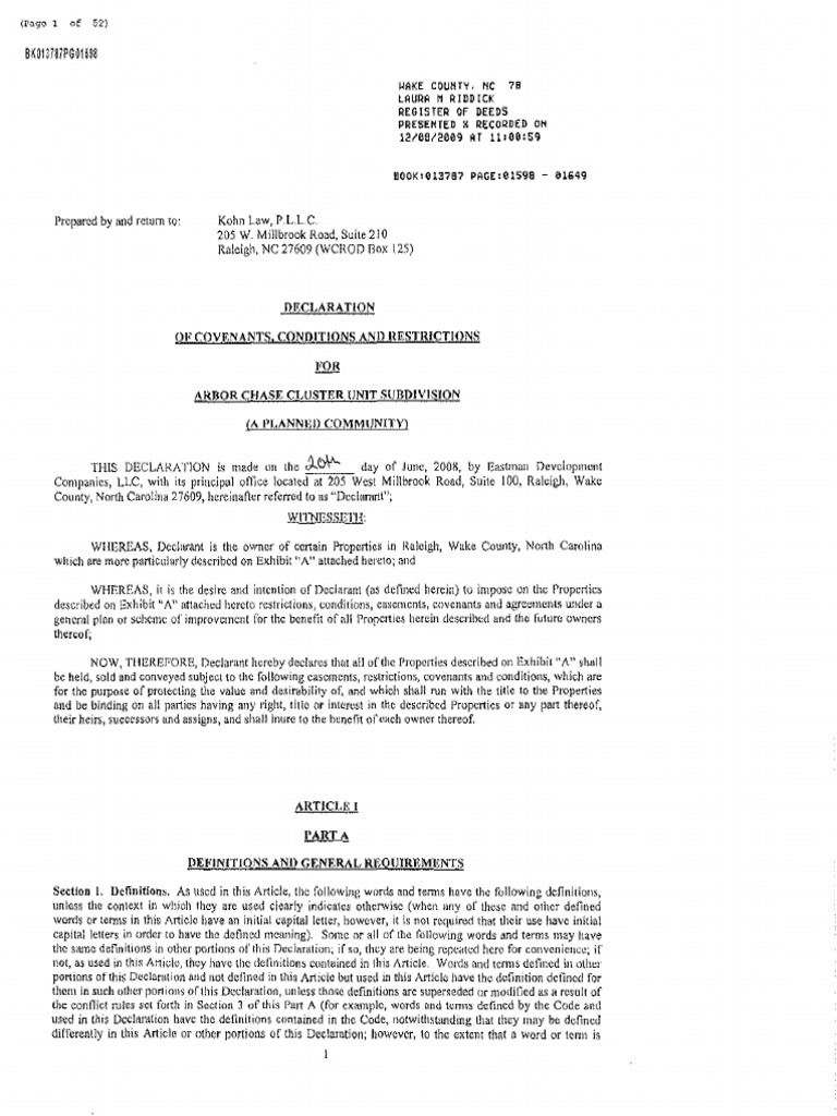 Jelynn Arbor Chase HOA Declaration of Covenants Mortgage Law
