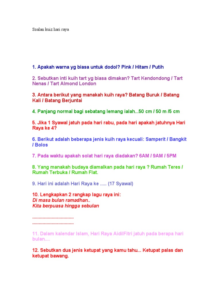 Soalan Kuiz Hari Raya untuk Murid | PDF