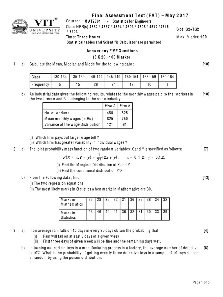 May 2017 Statistics Final Assessment Test | PDF | Reliability ...
