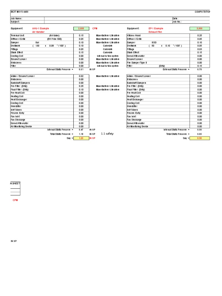Ductwork Static Pressure Calculation Sheet | PDF | Duct (Flow ...