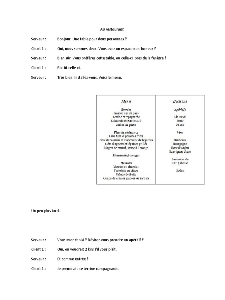 Dialogue au Restaurant en Français | PDF | Crème fouettée | Cuisine